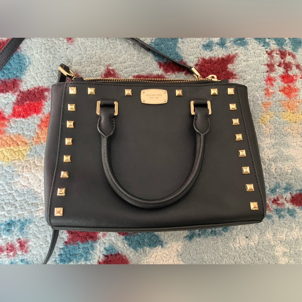 Michael Kors black and gold studded crossbody purse bag